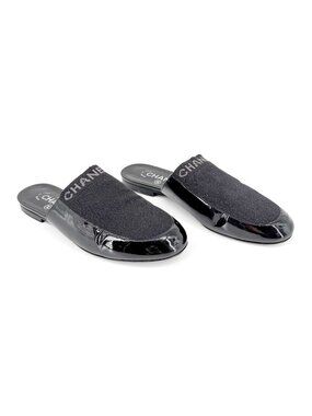 Chanel Logo Glitter Lurex Black Patent Leather Mule Flats Size 39 C US 8-8.5